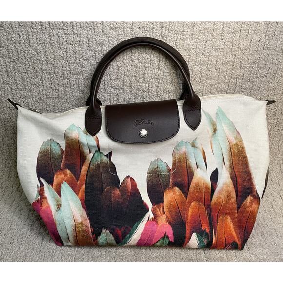 Longchamp Le Pliage Large Feather Print Canvas Tote Handbag Ltd Ed Red Blue - Picture 1 of 16